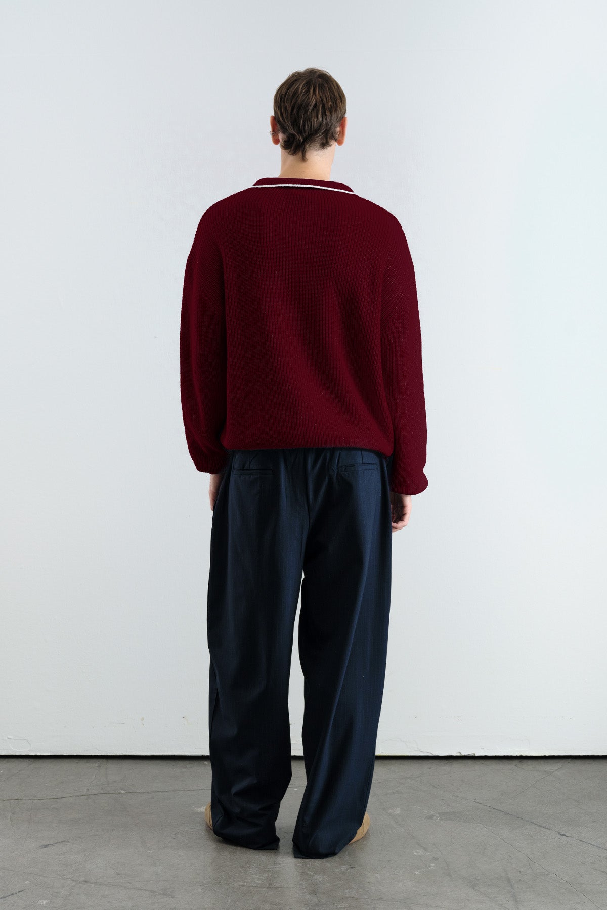 BURGUNDY POLO NECK SWEATER WITH GOLD BUTTONS AND CONTRAST STRIPES