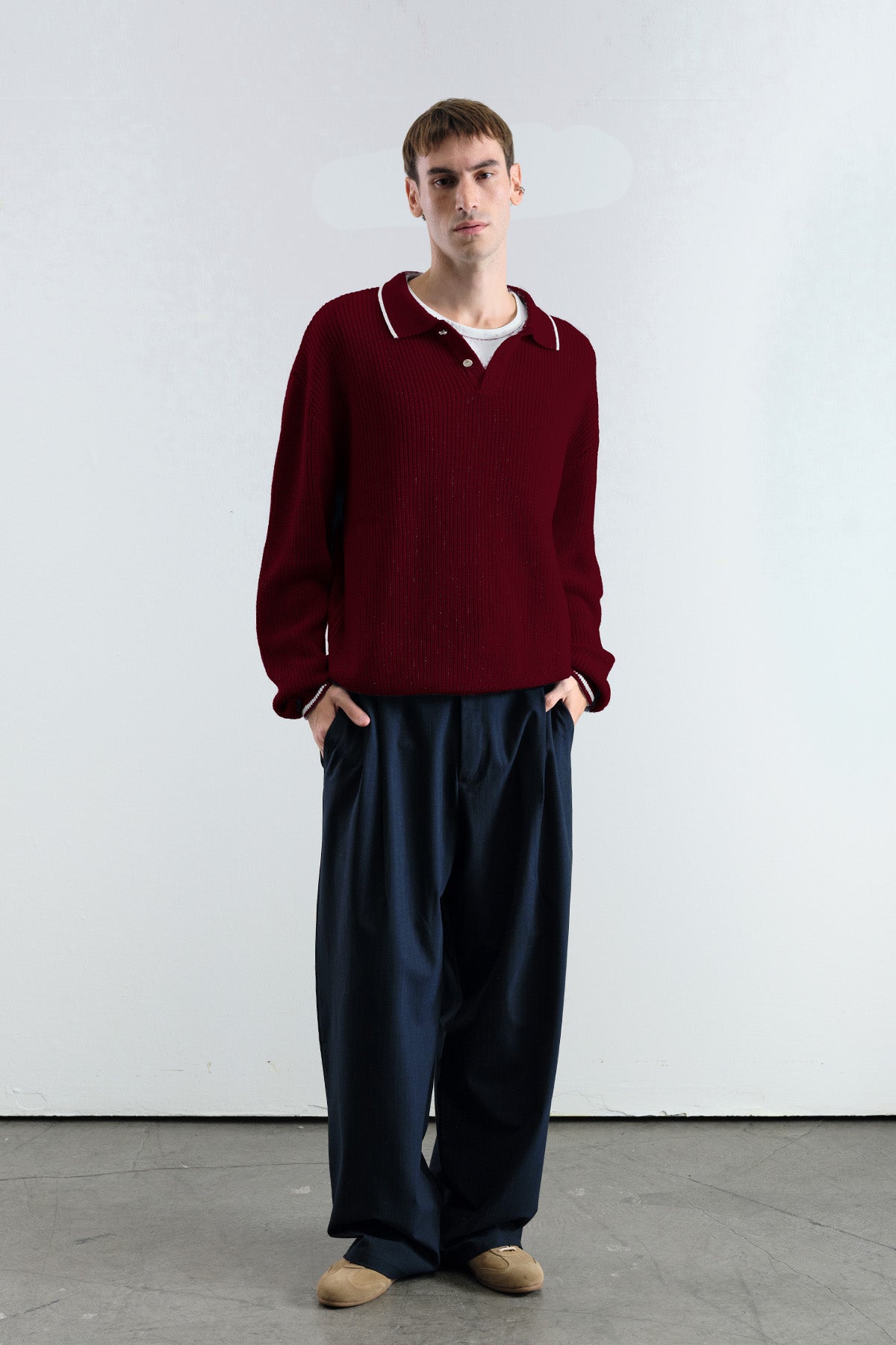 BURGUNDY POLO NECK SWEATER WITH GOLD BUTTONS AND CONTRAST STRIPES