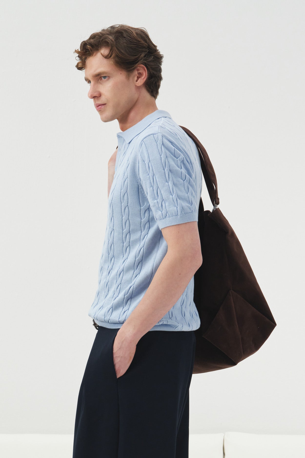 BLUE TEXTURED KNIT POLO T-SHIRT