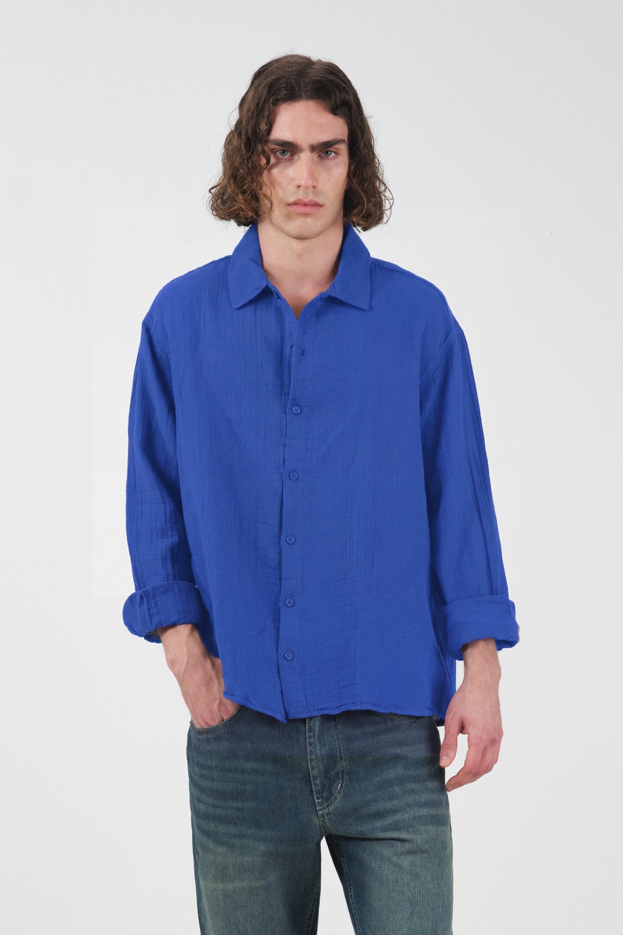 TEXTURED BLUE MUSLIN SHIRT
