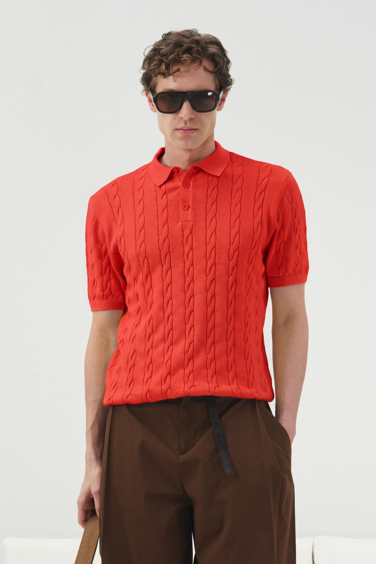 RED TEXTURED KNIT POLO T-SHIRT