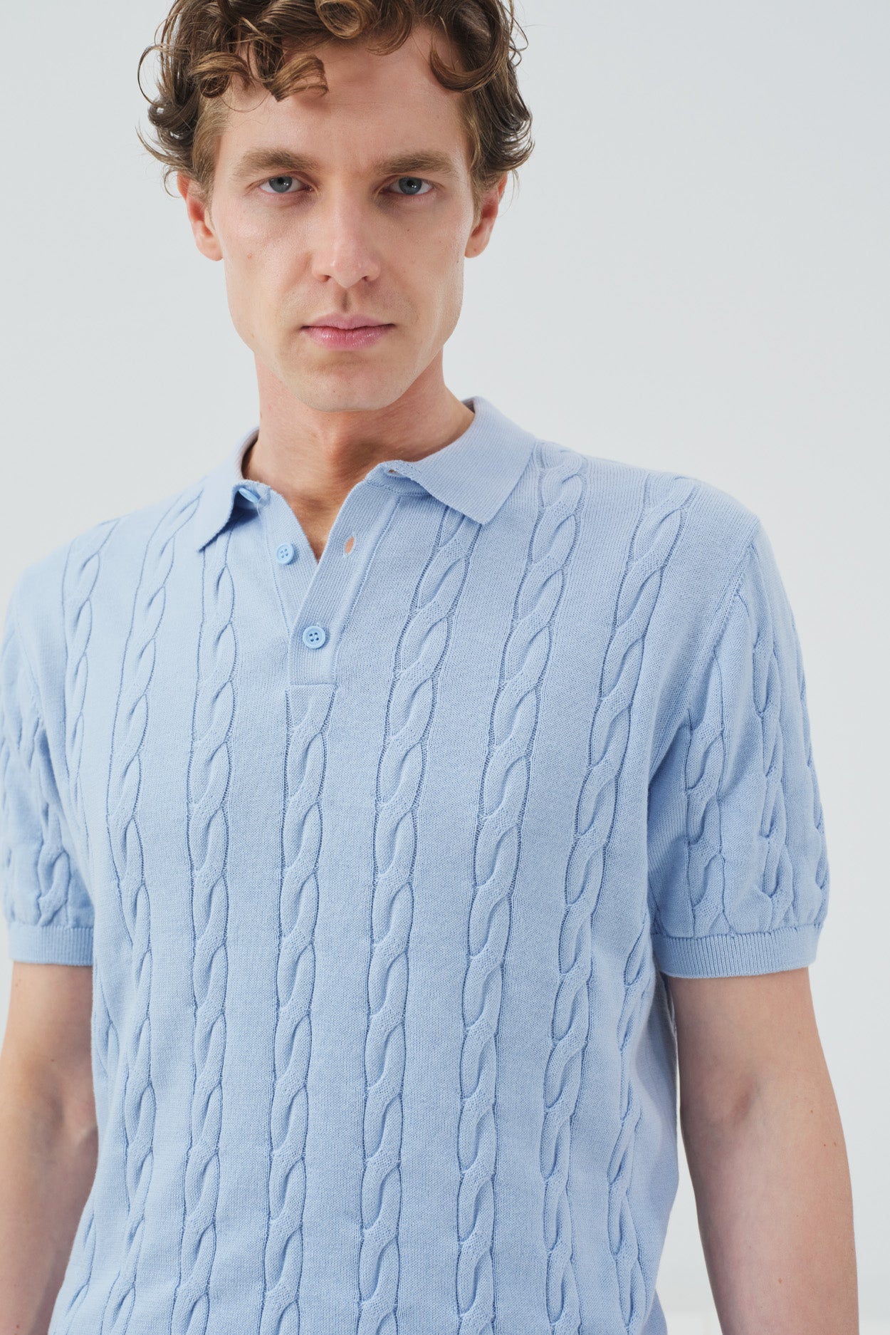 DOKULU ÖRGÜ DESENLİ MAVİ POLO YAKA TRİKO T-SHIRT