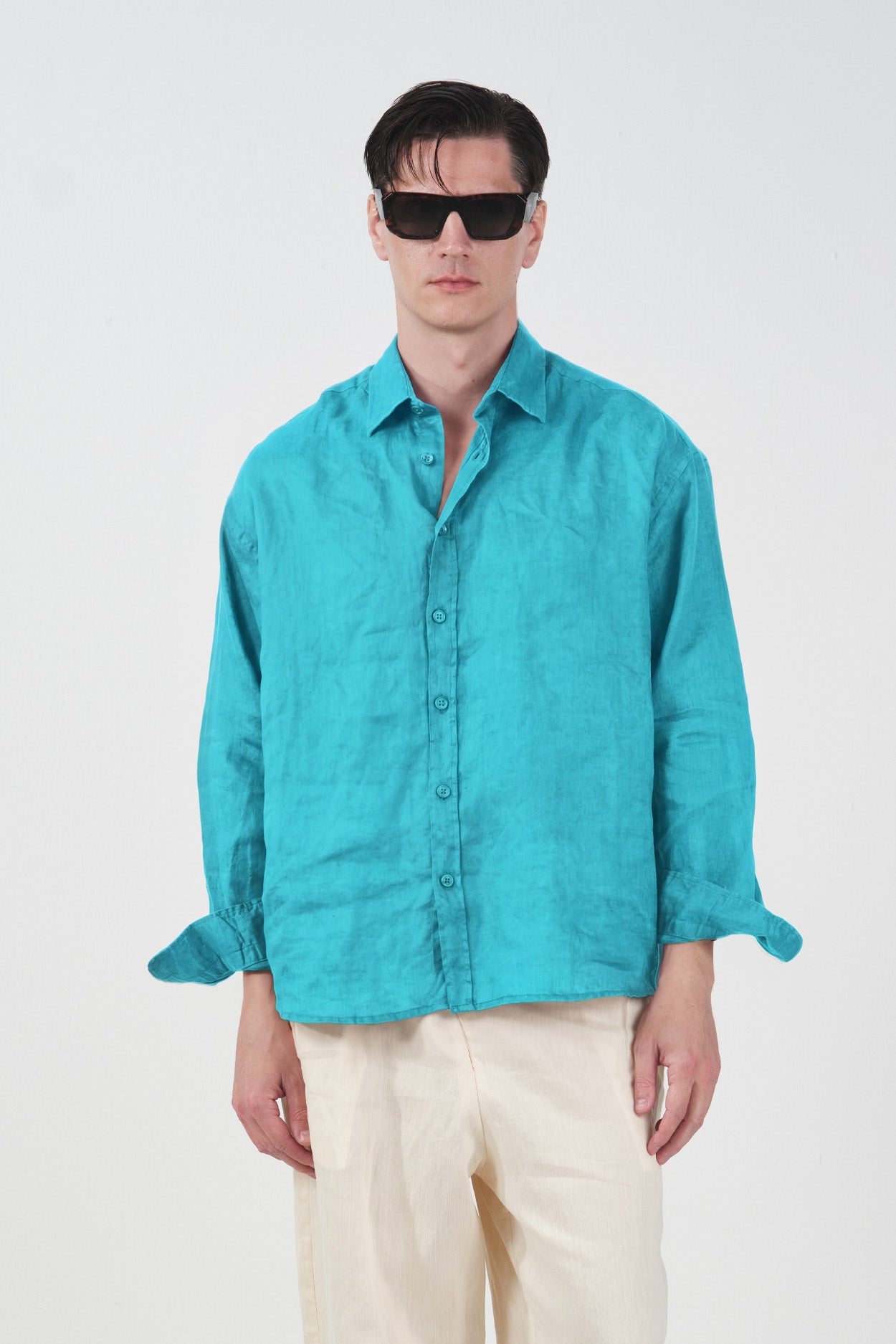 %100 KETEN OVERSIZE TURKUAZ MAVİ GÖMLEK