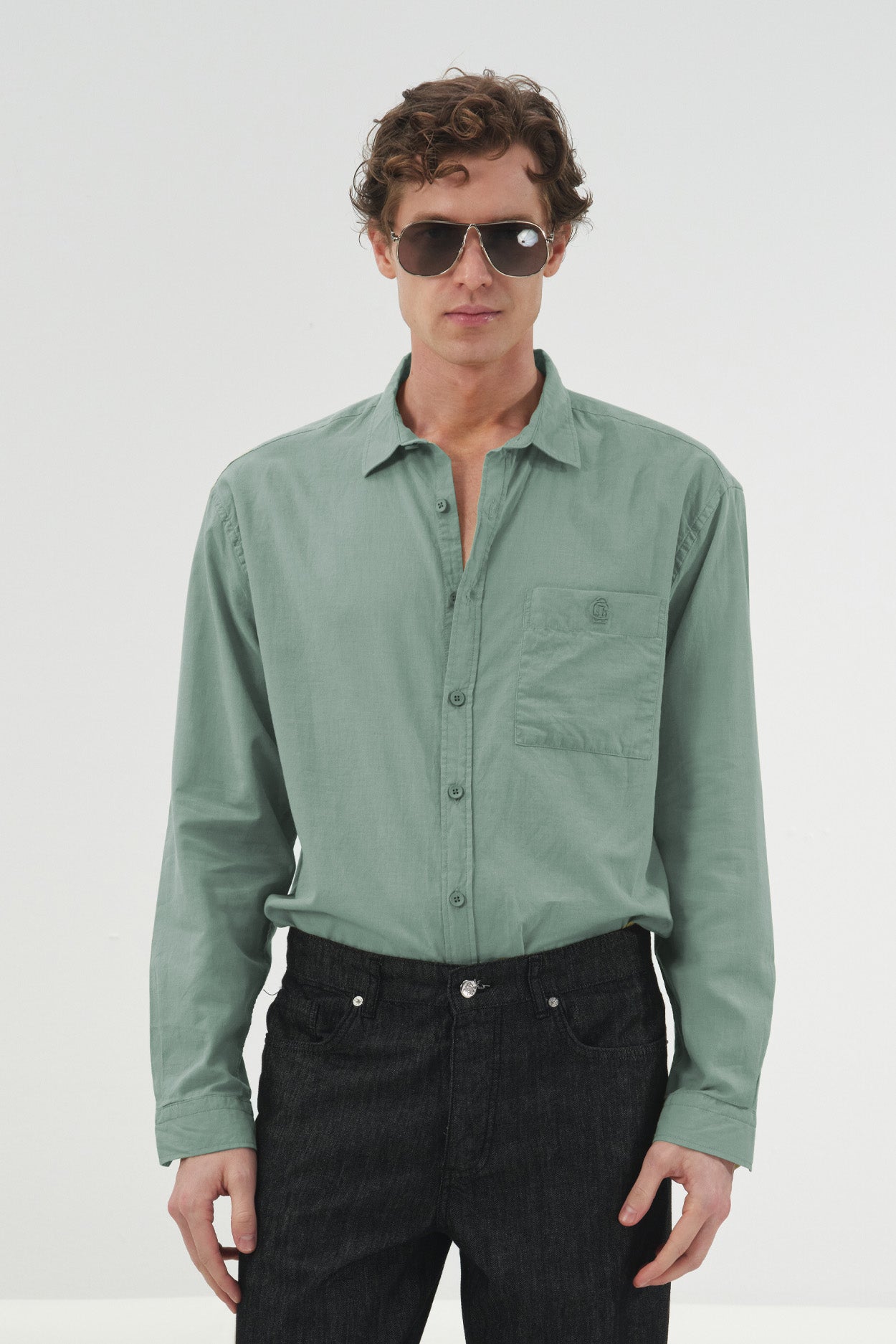 Draped Regular Fit Mint Voile Shirt