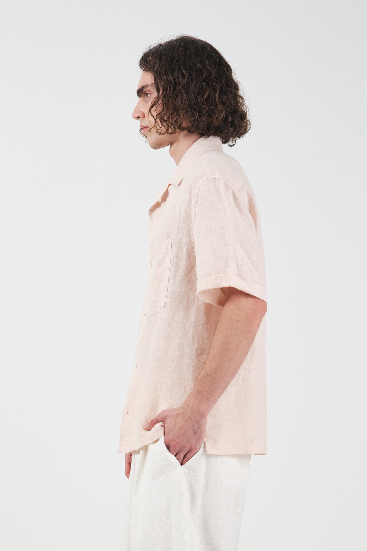 SHORT SLEEVE PINK LINEN SHIRT WITH POCKET