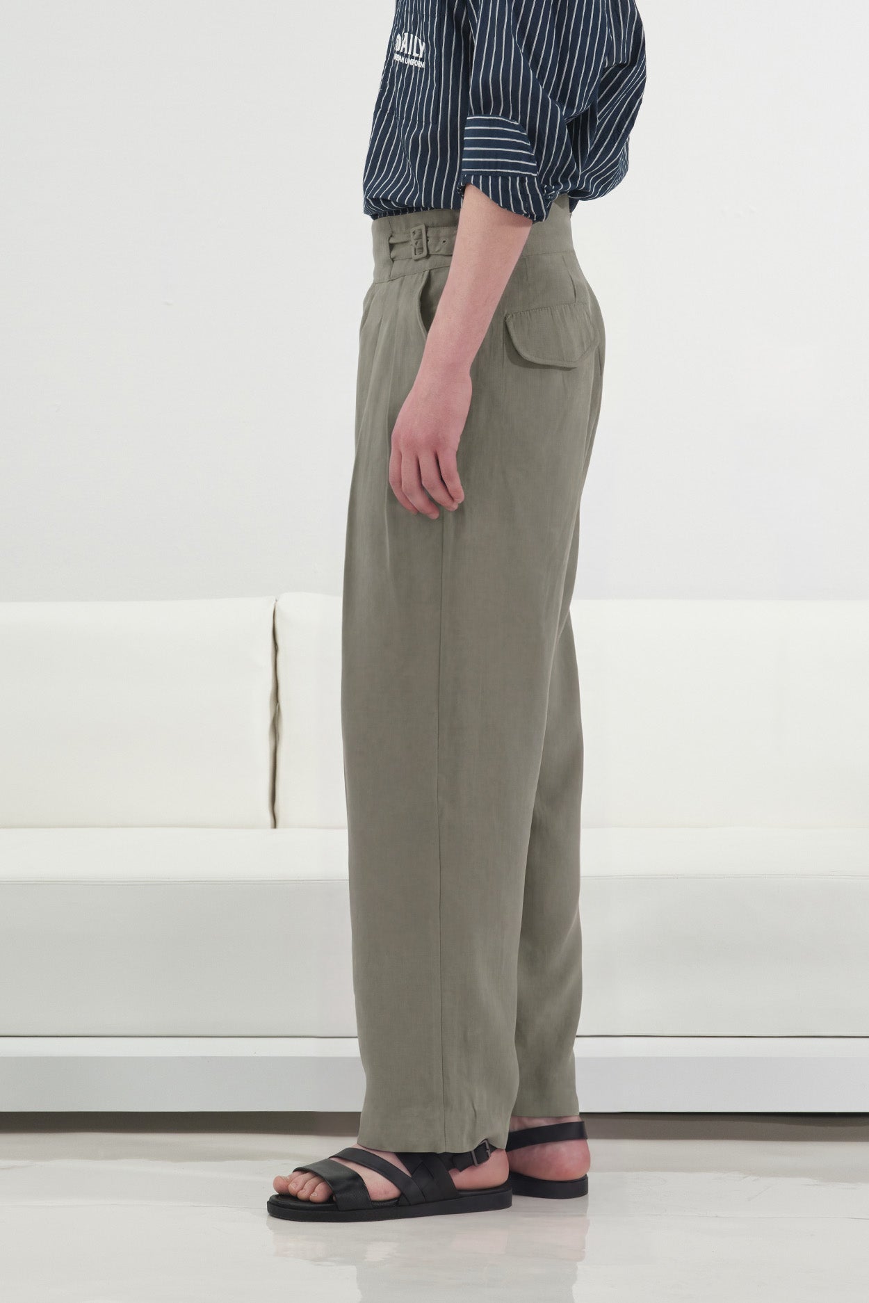KHAKI MODAL PLEATED TROUSERS WITH DOUBLE BELT DETAIL