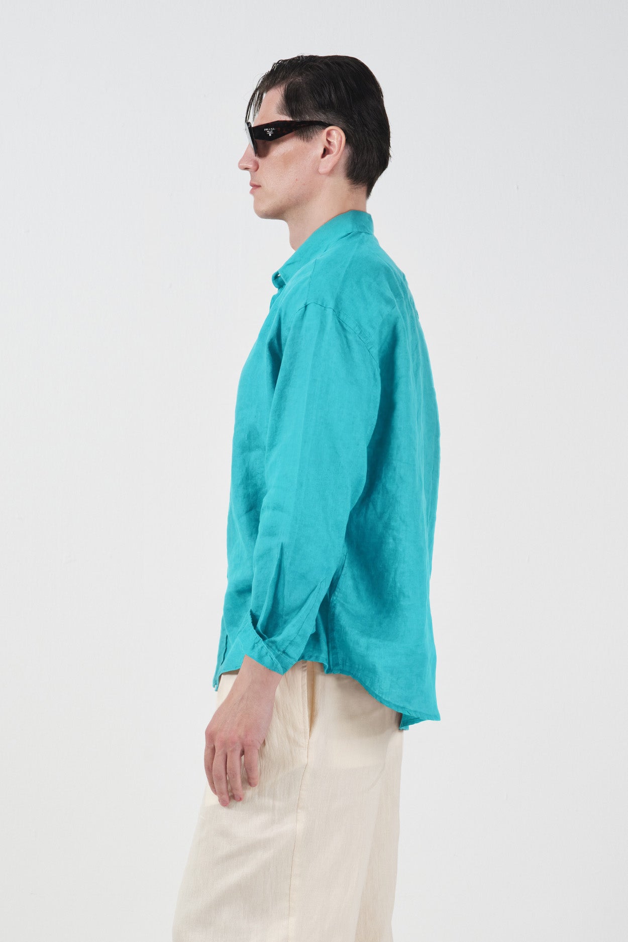 %100 KETEN OVERSIZE TURKUAZ MAVİ GÖMLEK