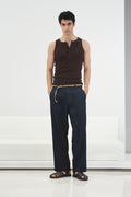 HASIR KEMERLİ LACİVERT KETEN PANTOLON