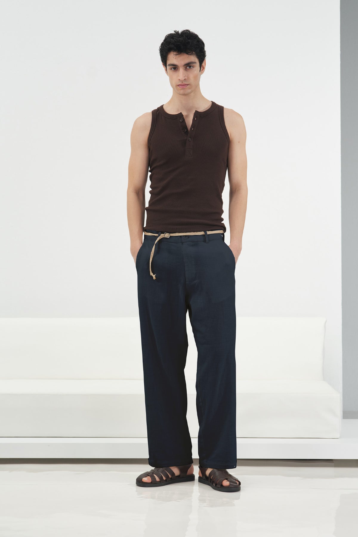 HASIR KEMERLİ LACİVERT KETEN PANTOLON