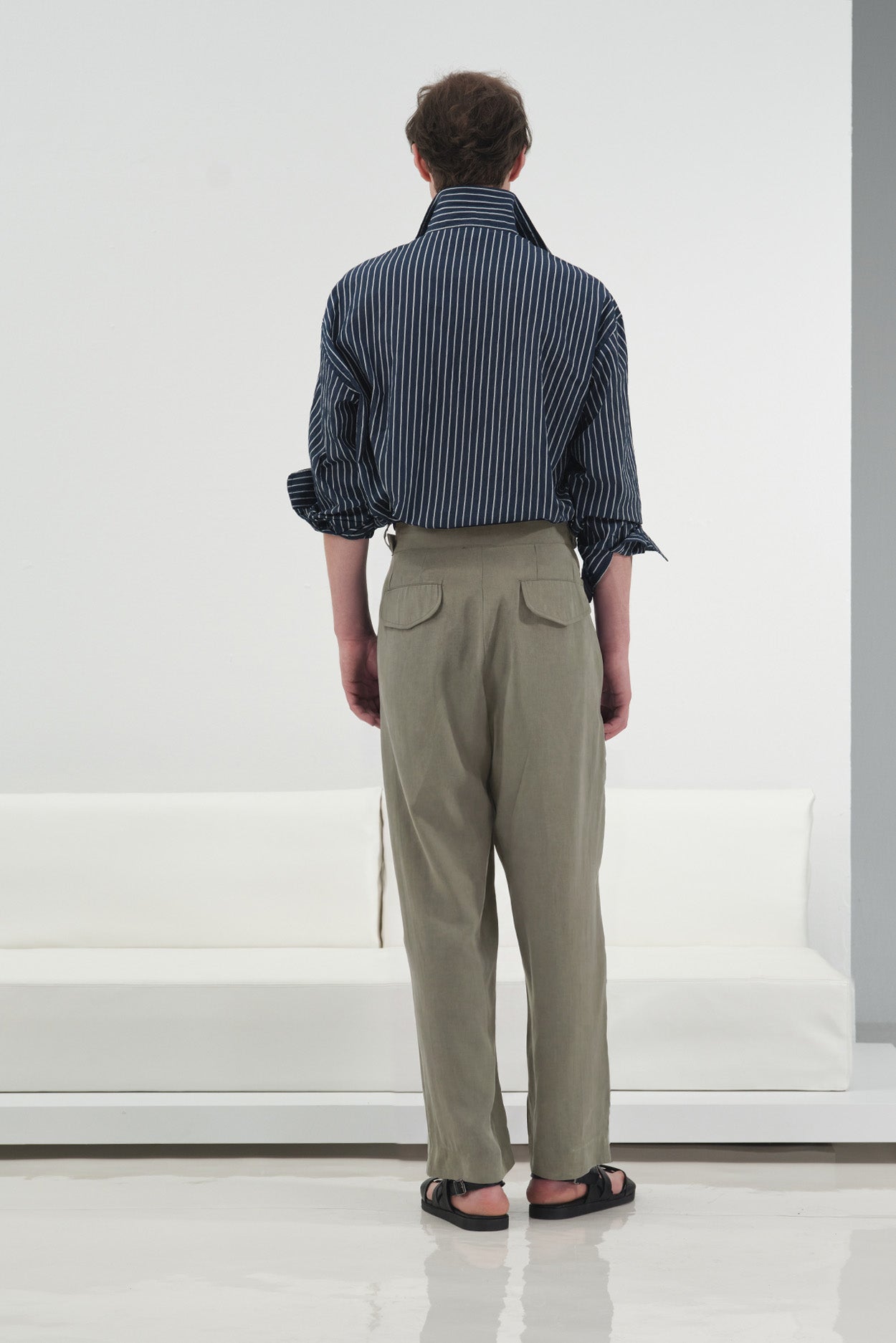 KHAKI MODAL PLEATED TROUSERS WITH DOUBLE BELT DETAIL