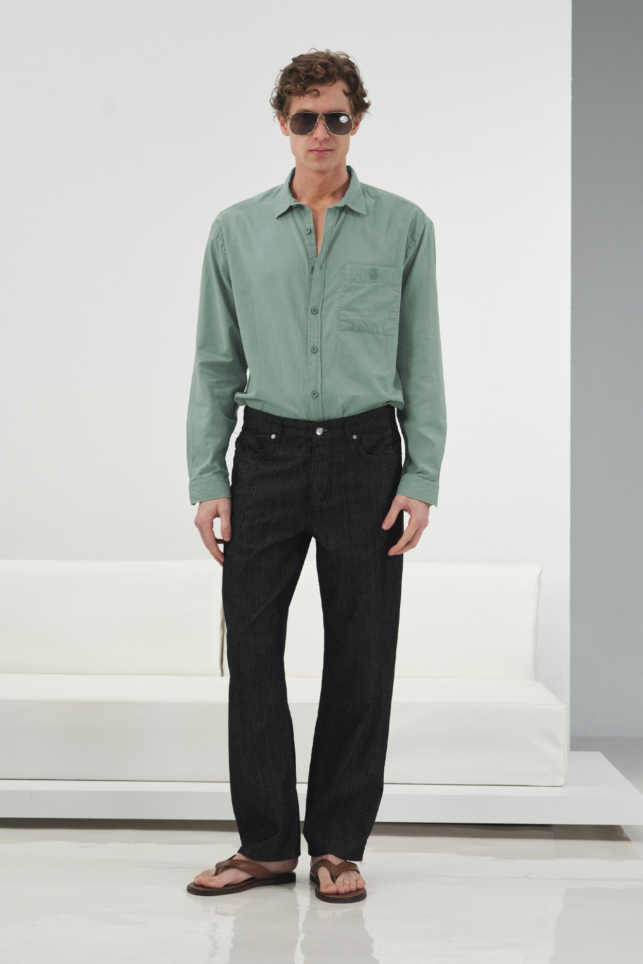 Draped Regular Fit Mint Voile Shirt