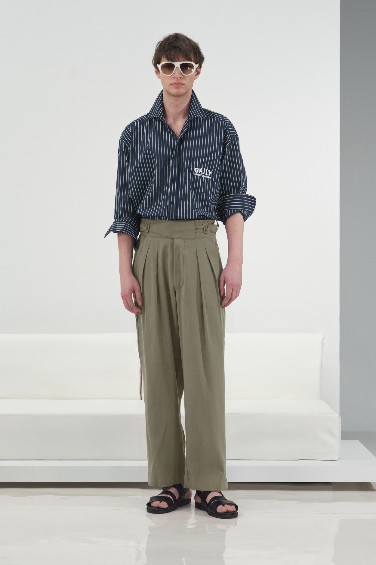 KHAKI MODAL PLEATED TROUSERS WITH DOUBLE BELT DETAIL