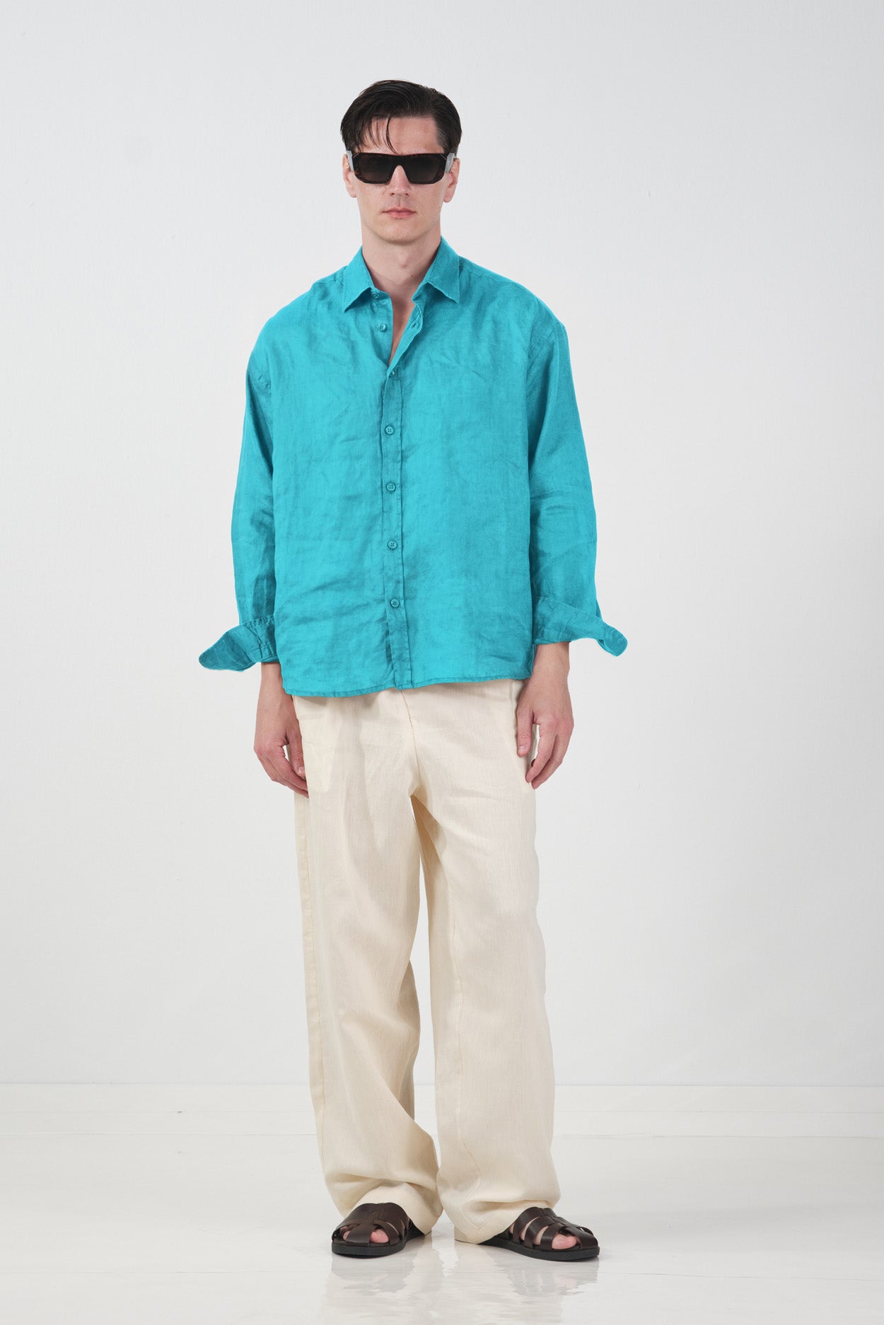 100% LINEN OVERSIZE TURQUOISE BLUE SHIRT