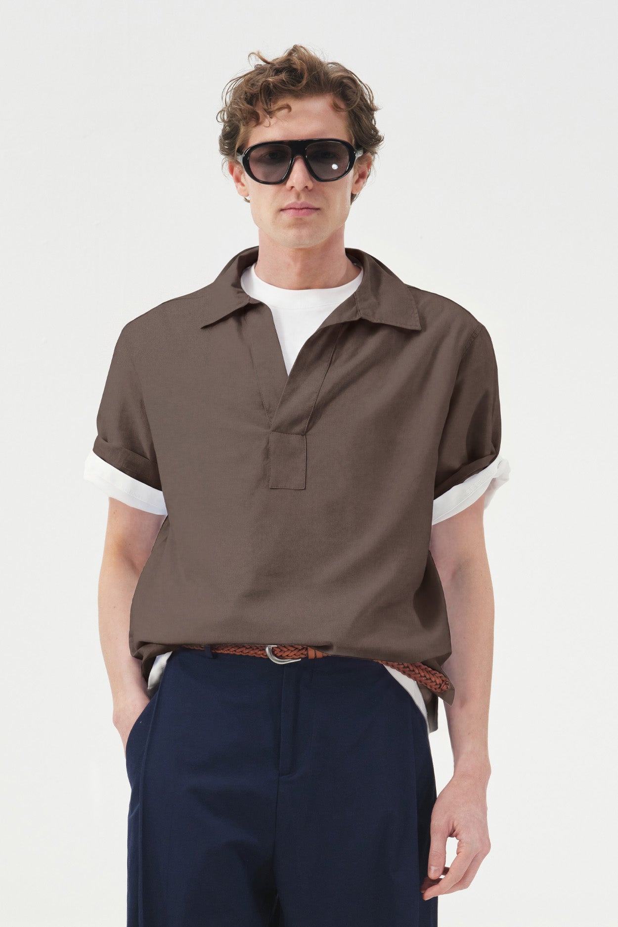 BROWN VOILE HALF PLACKET SHIRT