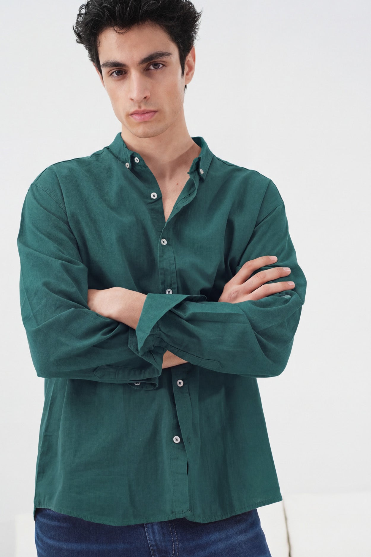 OVERSIZE DRAPED PETROL GREEN FRESH LINEN SHIRT