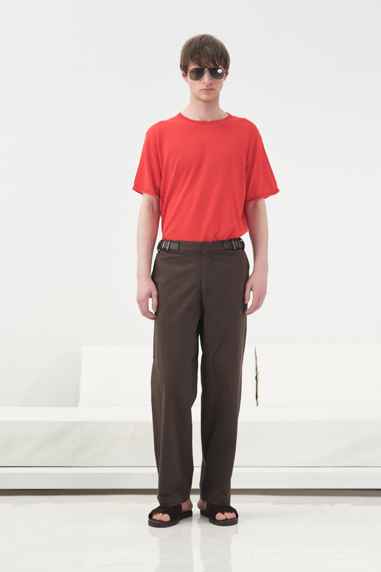 BROWN LINEN TROUSERS WITH SIDE BELT DETAIL