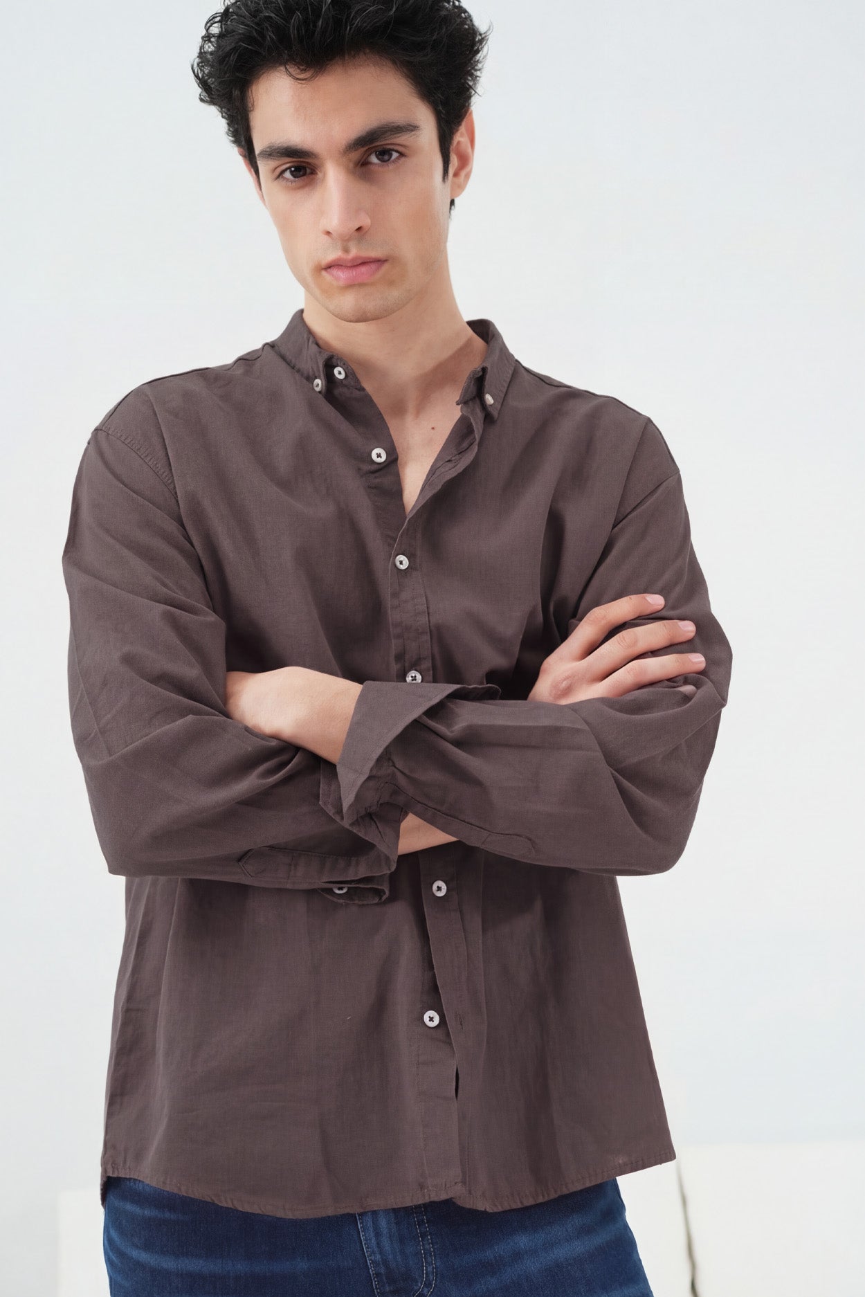 OVERSIZED DRAPED BROWN FRESH LINEN SHIRT
