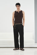 BLACK LINEN PANTS WITH STRAW BELT