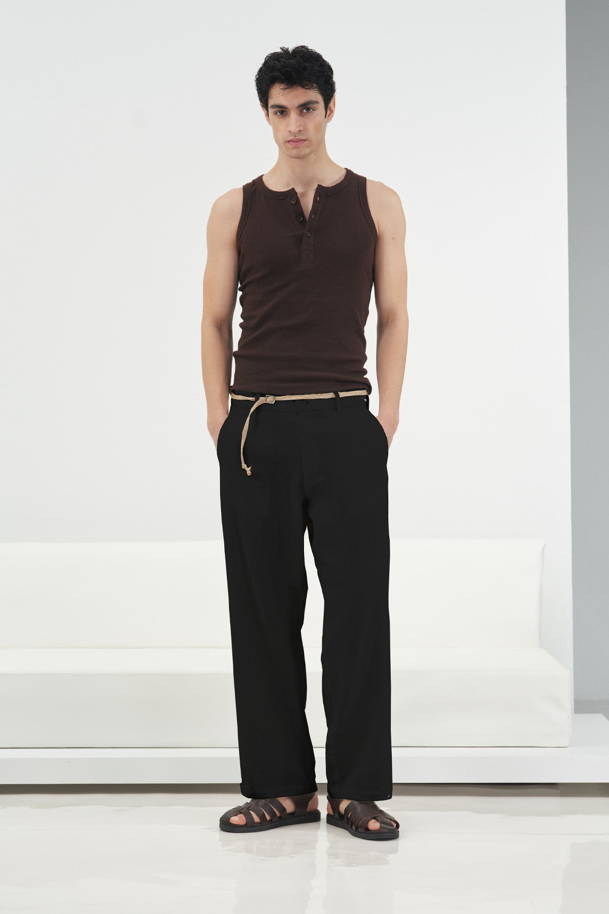 BLACK LINEN PANTS WITH STRAW BELT