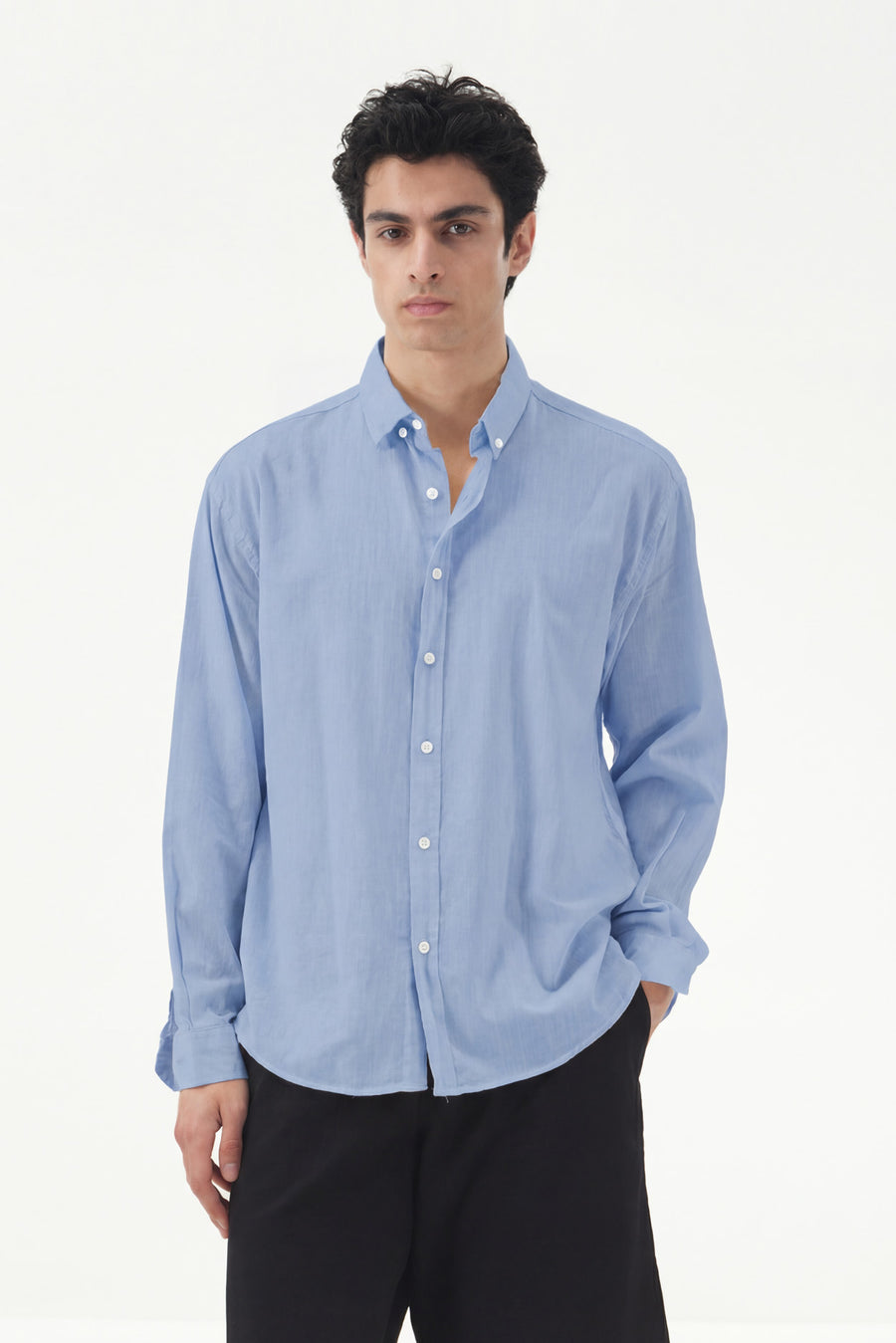 OVERSIZE DÖKÜMLÜ AÇIK MAVİ FRESH KETEN GÖMLEK