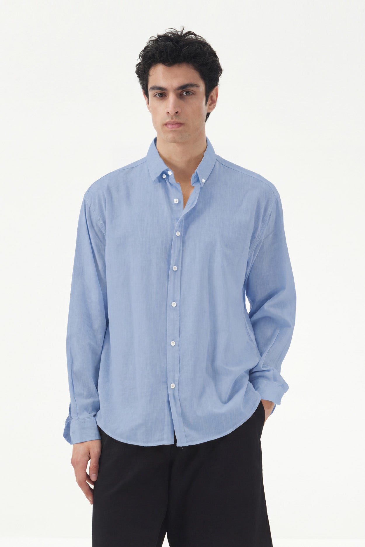 OVERSIZE DÖKÜMLÜ AÇIK MAVİ FRESH KETEN GÖMLEK