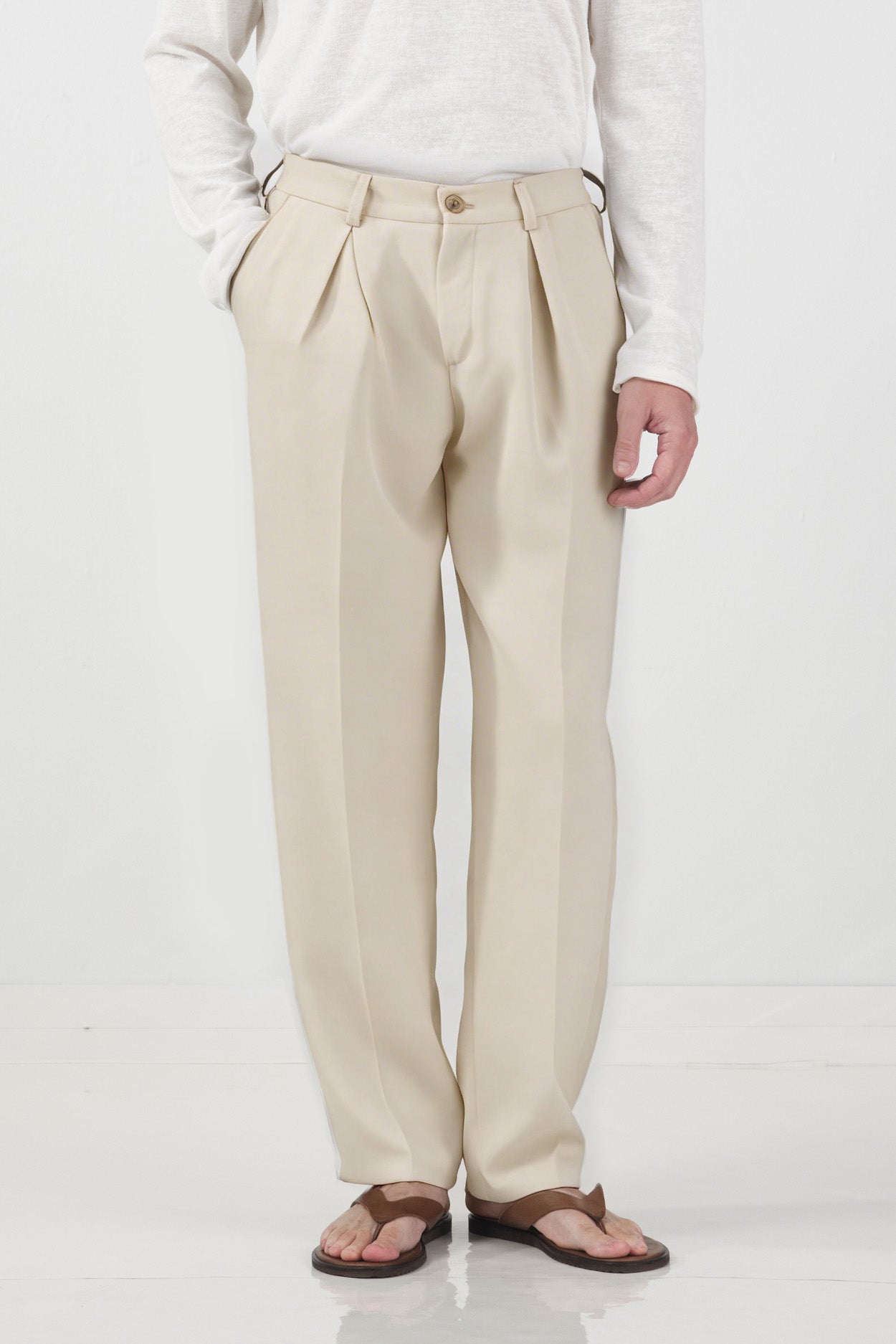 TEXTURED CLASSIC BEIGE PLEATED TROUSERS