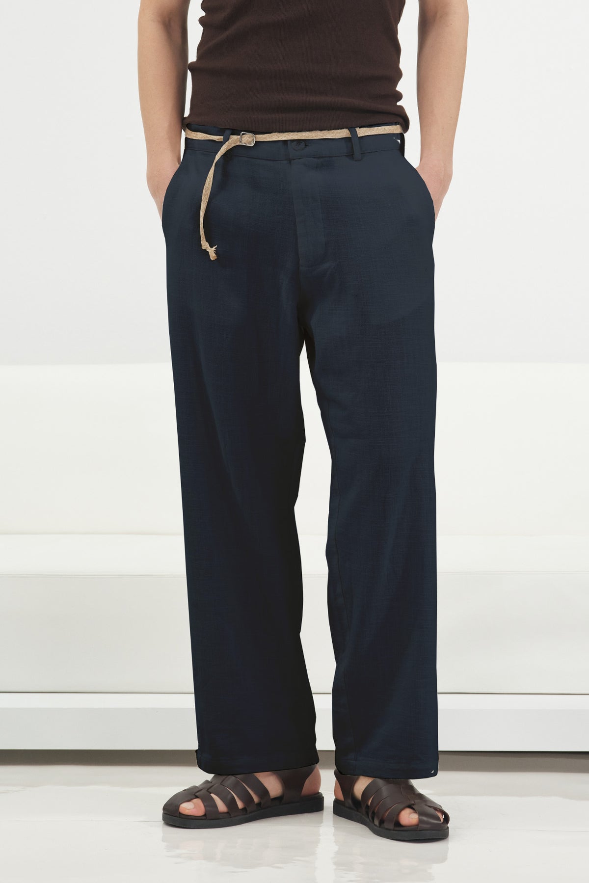 HASIR KEMERLİ LACİVERT KETEN PANTOLON