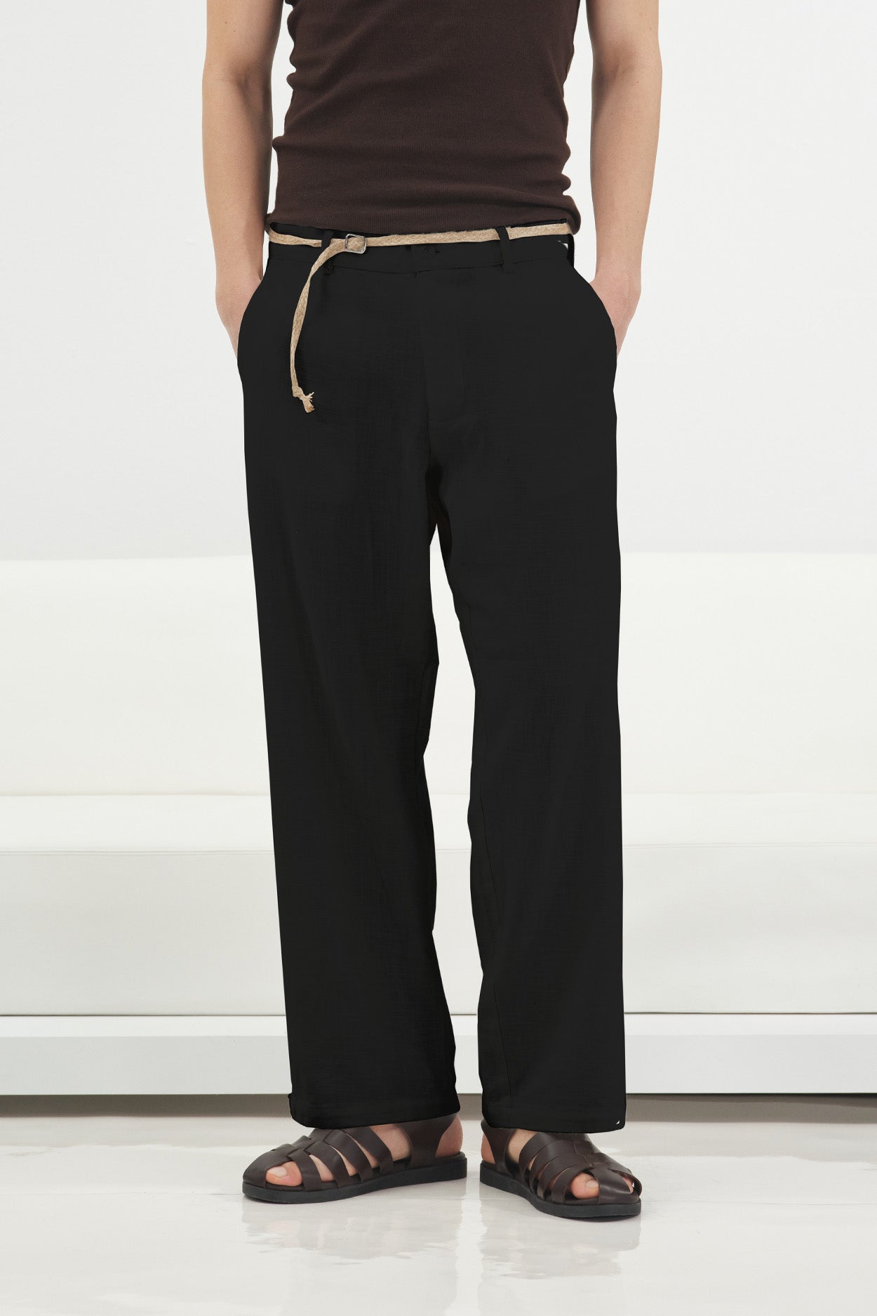 BLACK LINEN PANTS WITH STRAW BELT