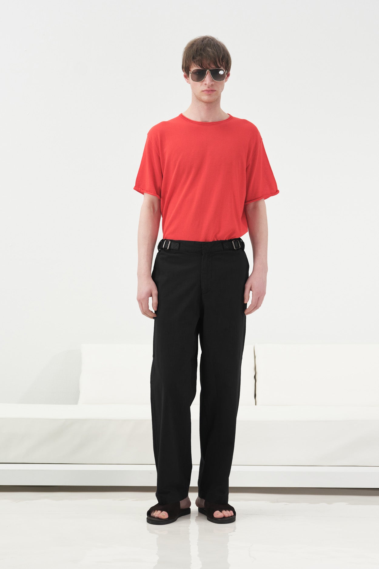 BLACK LINEN TROUSERS WITH SIDE WAISTBAND DETAIL