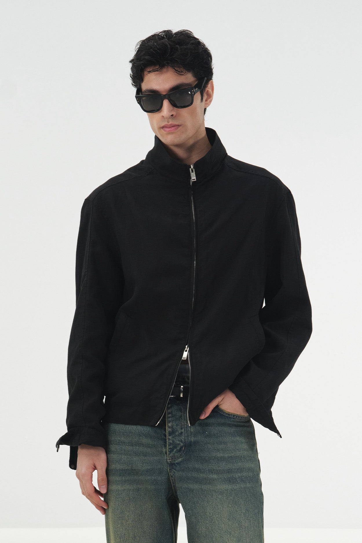 FERMUARLI REGULAR FIT SİYAH KETEN CEKET