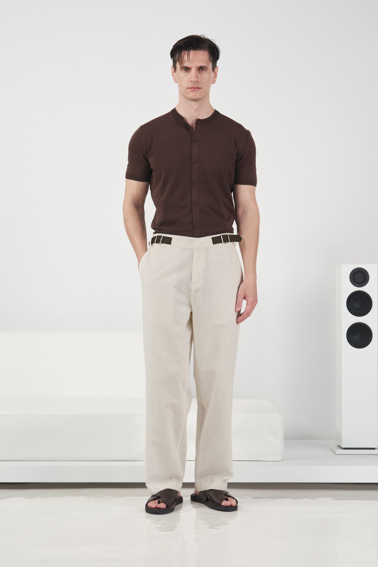BEIGE LINEN TROUSERS WITH SIDE BELT DETAIL
