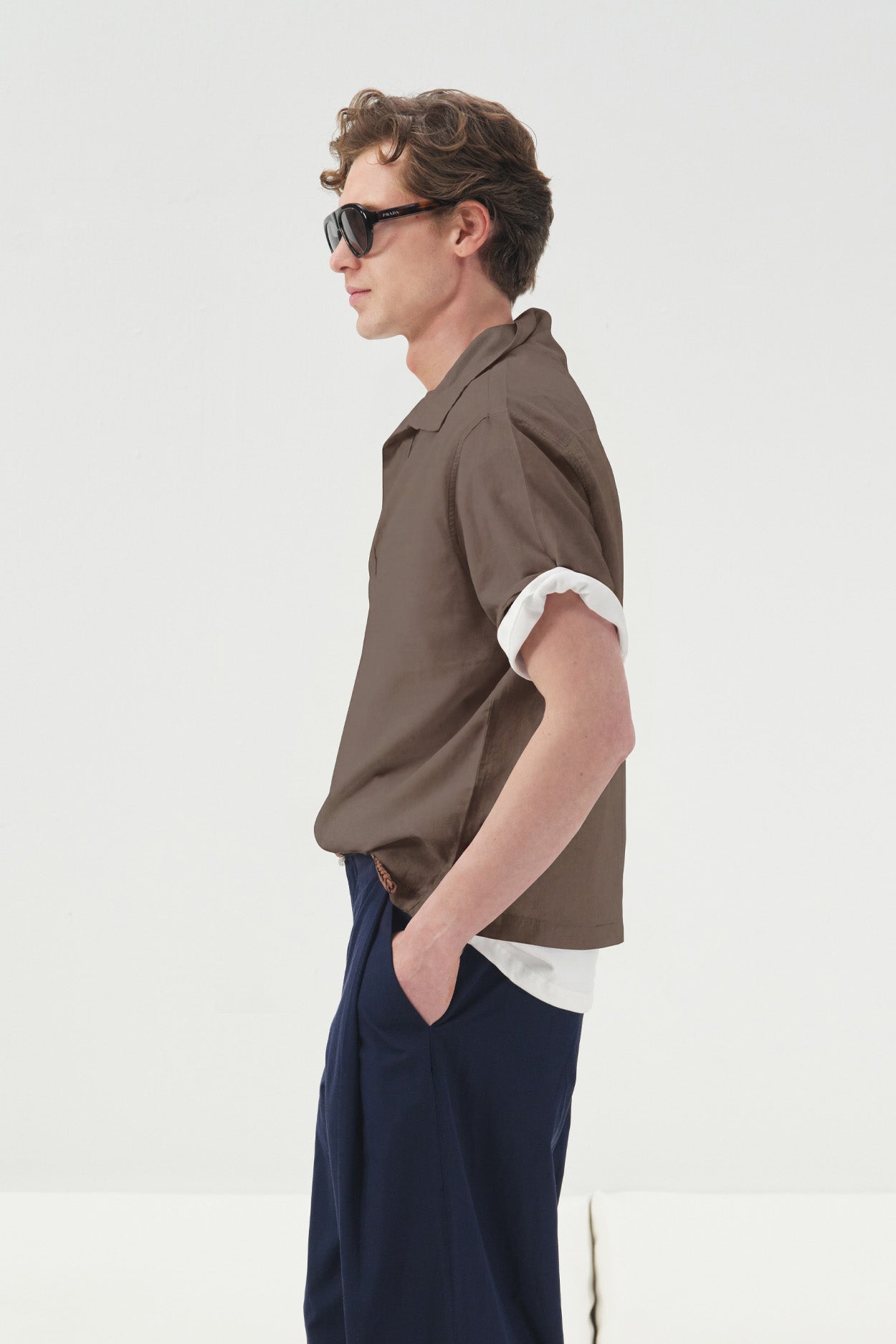 BROWN VOILE HALF PLACKET SHIRT