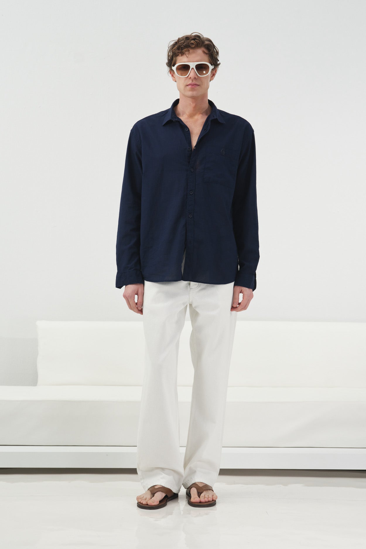 DRAPED REGULAR FIT NAVY VOILE SHIRT