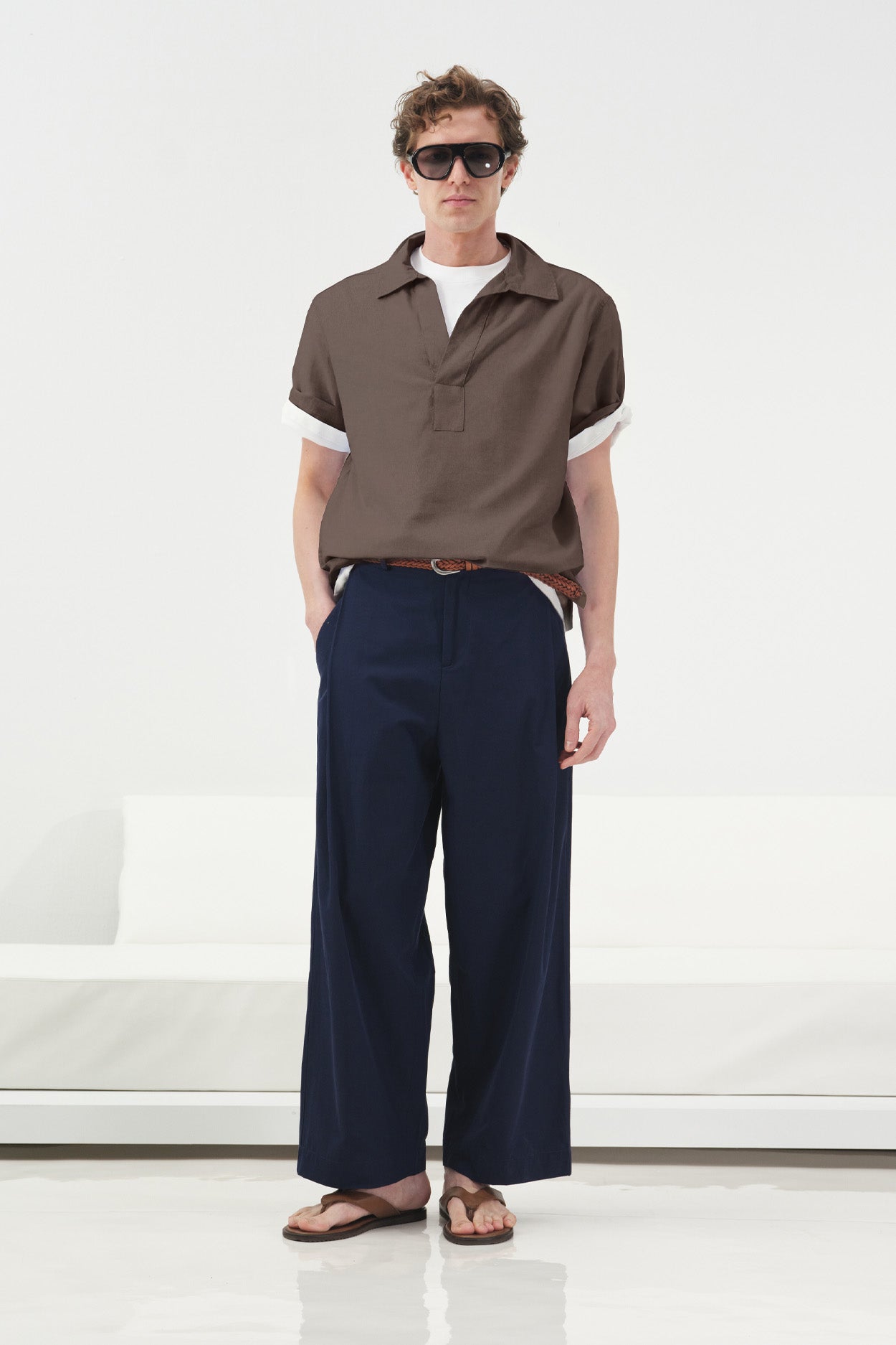BROWN VOILE HALF PLACKET SHIRT