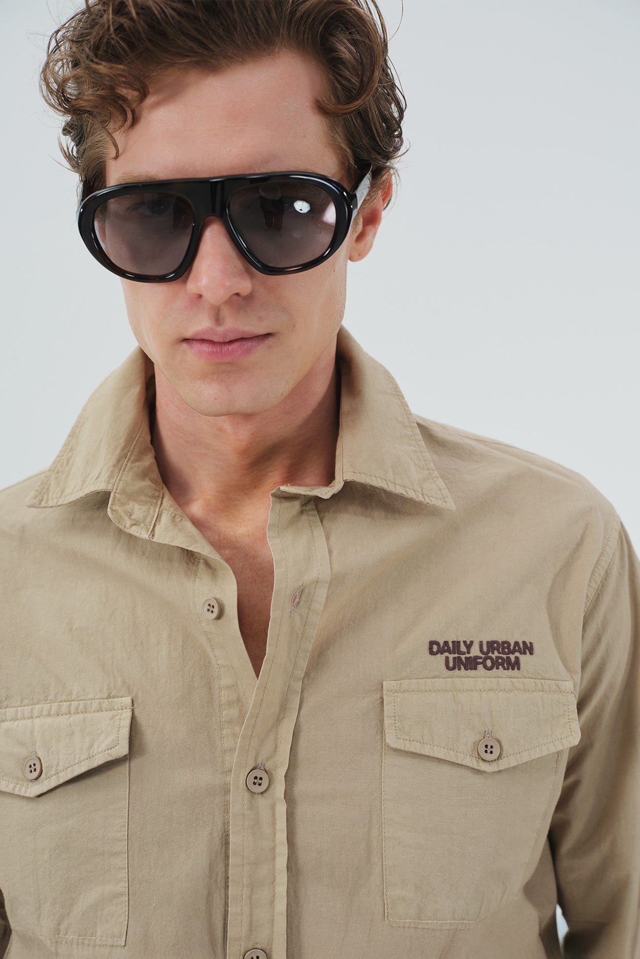 BEIGE EMBROIDERED SHIRT WITH DOUBLE POCKETS