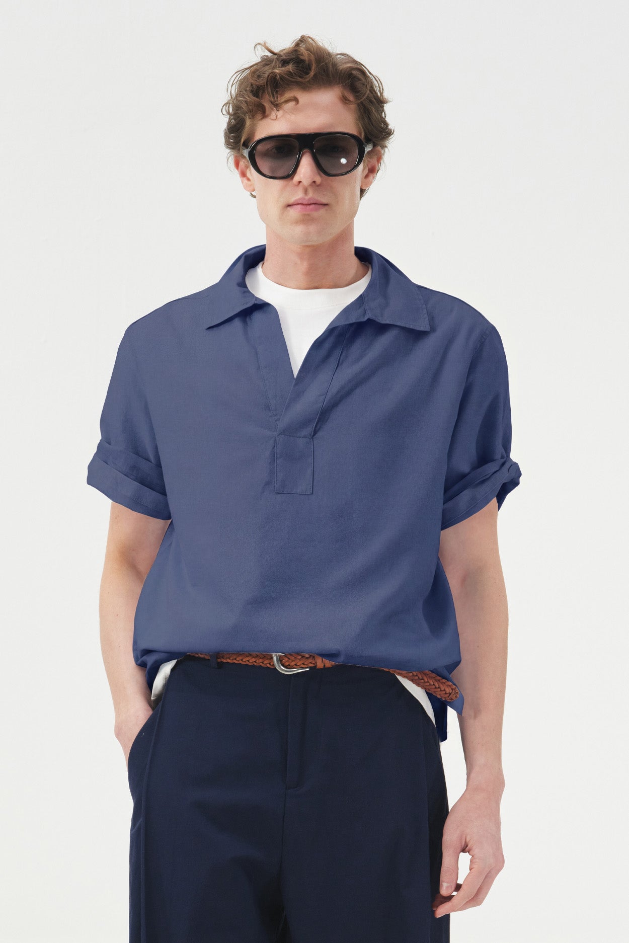 Navy Voile Half-Placket Shirt