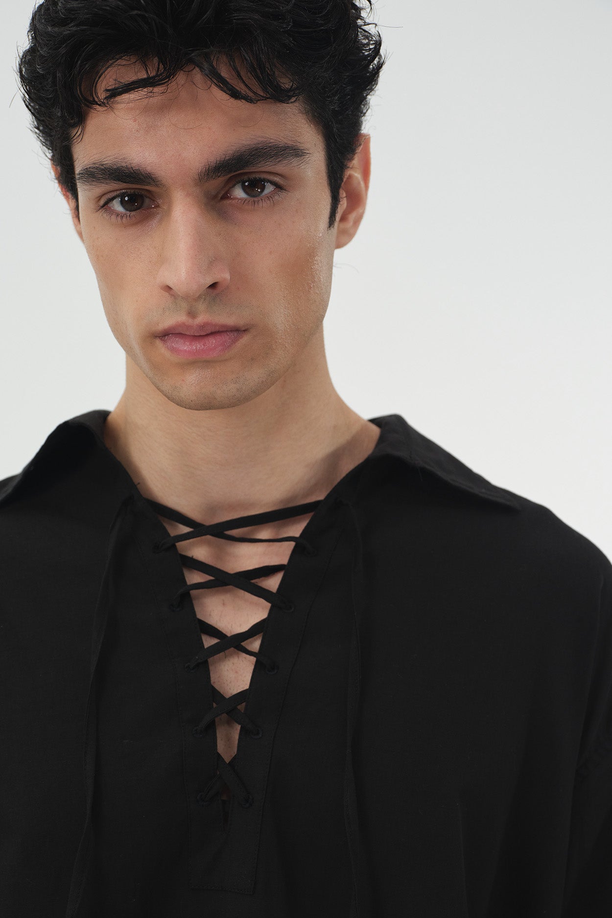 BLACK VOILE SHIRT WITH DRAWSTRING NECKLINE
