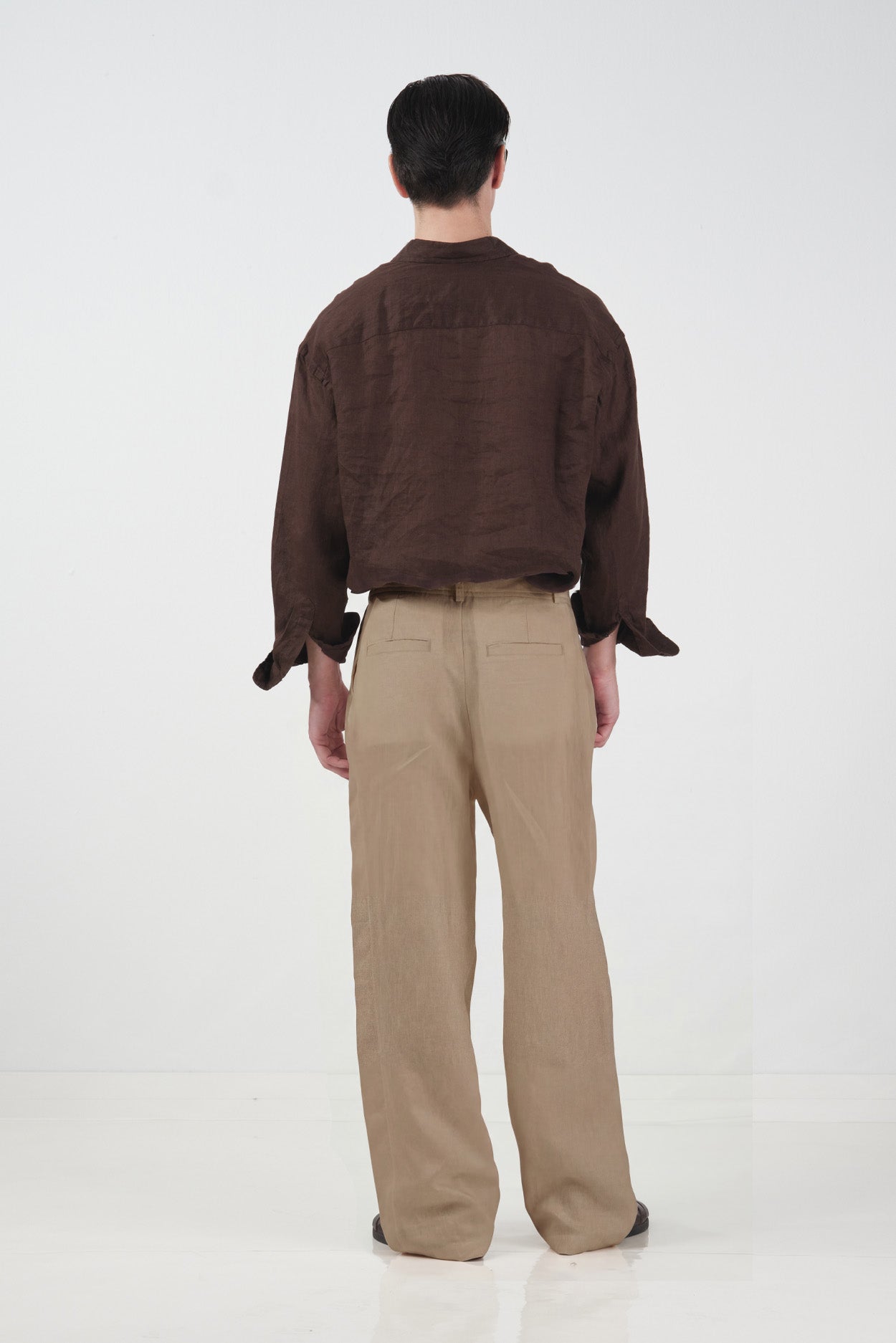 DRAPED DOUBLE-BUTTON TAN LINEN TROUSERS