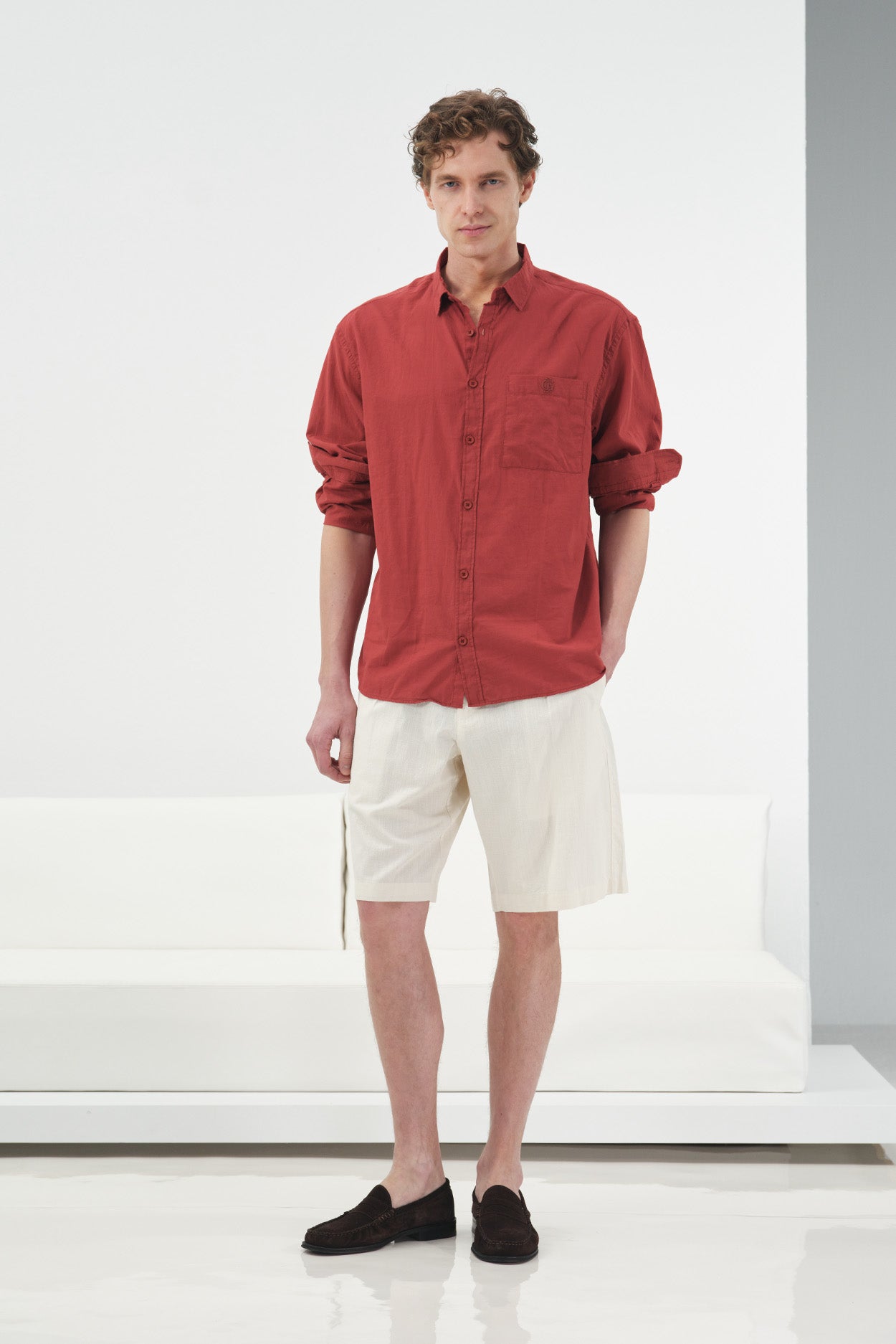DRAPED REGULAR FIT BURGUNDY VOILE SHIRT