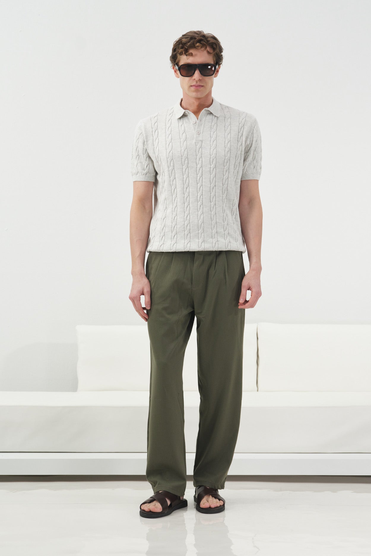 DOKULU ÖRGÜ DESENLİ GRİ POLO YAKA TRİKO T-SHIRT