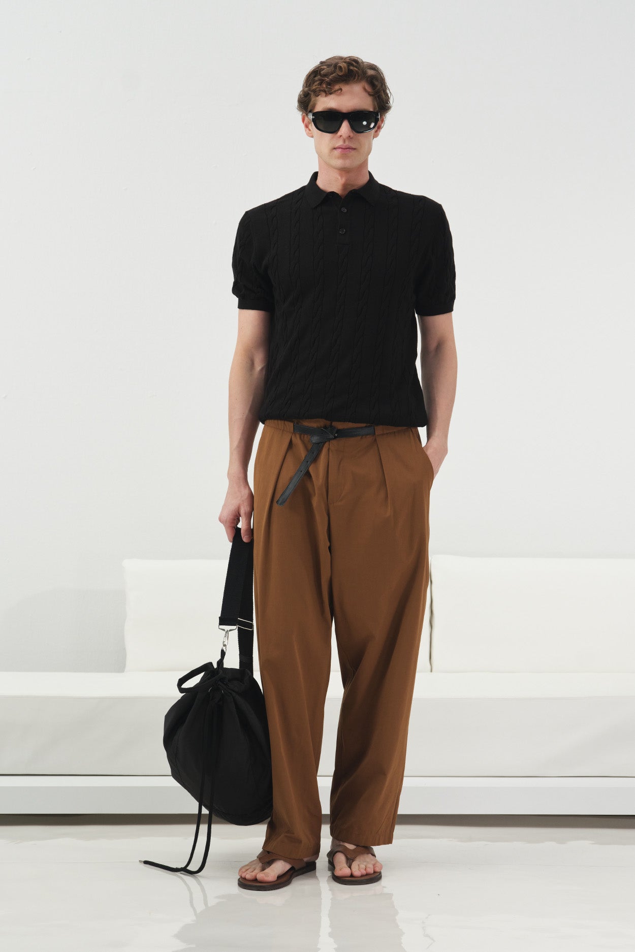 BLACK POLO-NECK KNITTED T-SHIRT WITH TEXTURED KNIT PATTERN