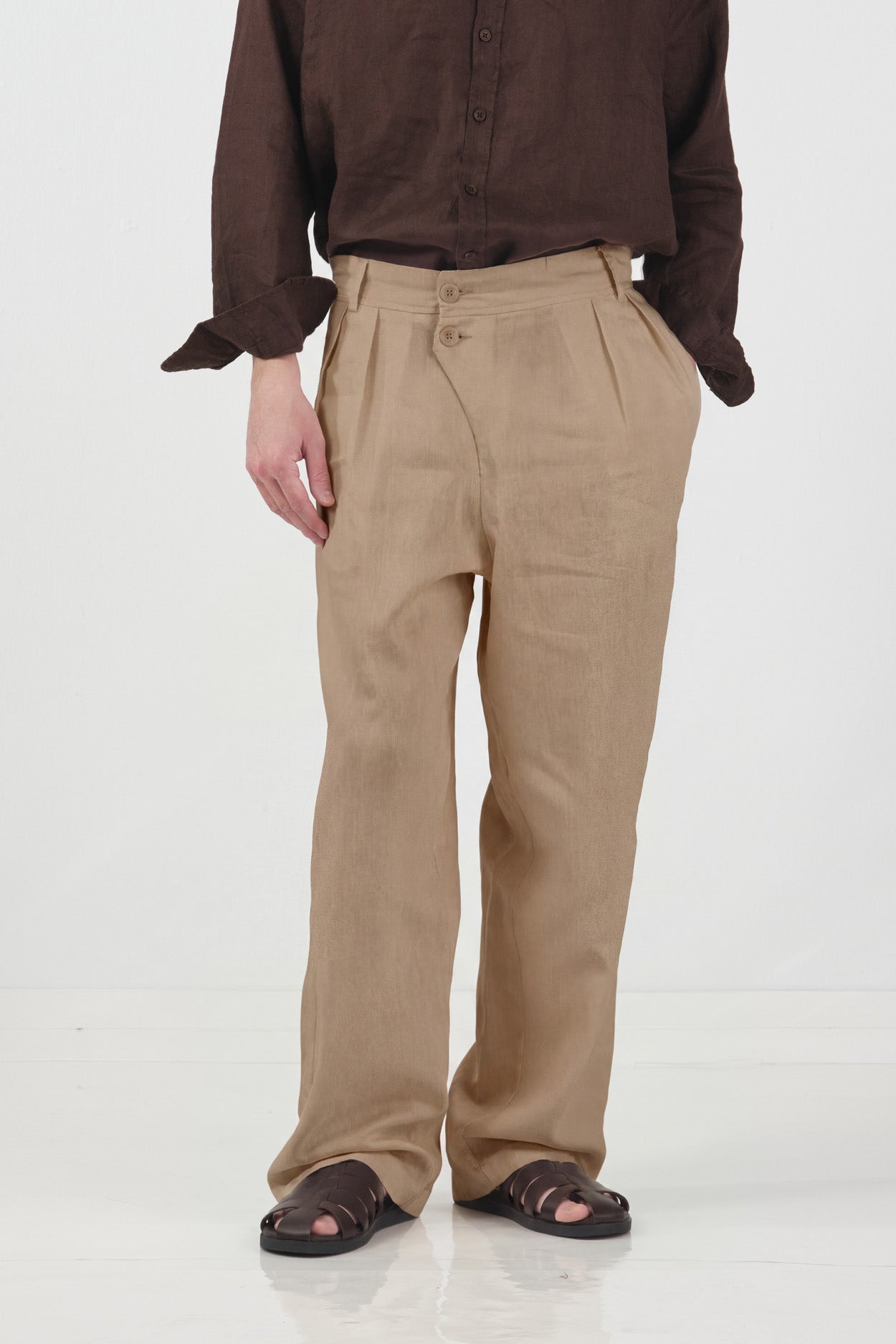 DRAPED DOUBLE-BUTTON TAN LINEN TROUSERS