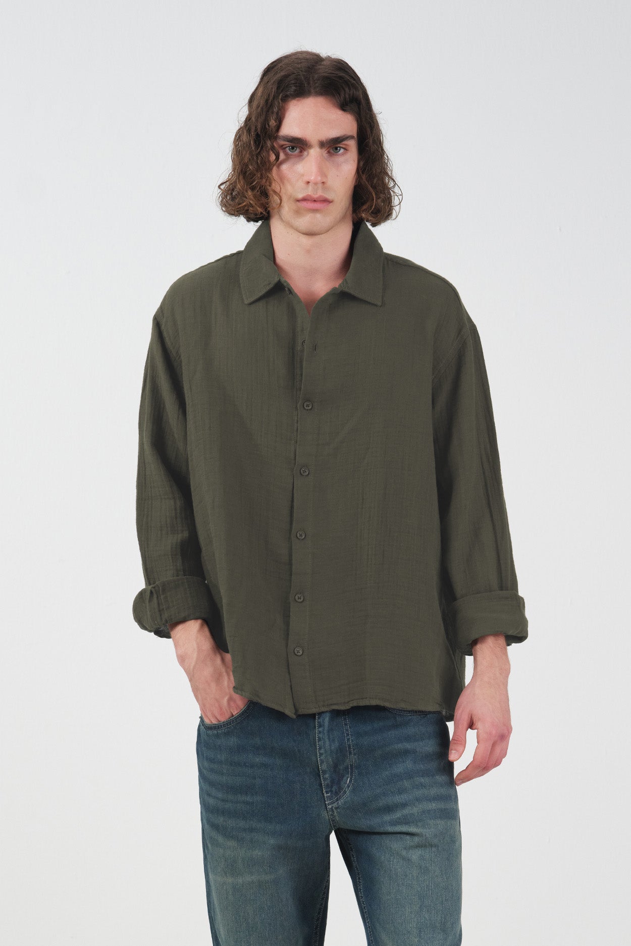 TEXTURED KHAKI MUSLIN SHIRT