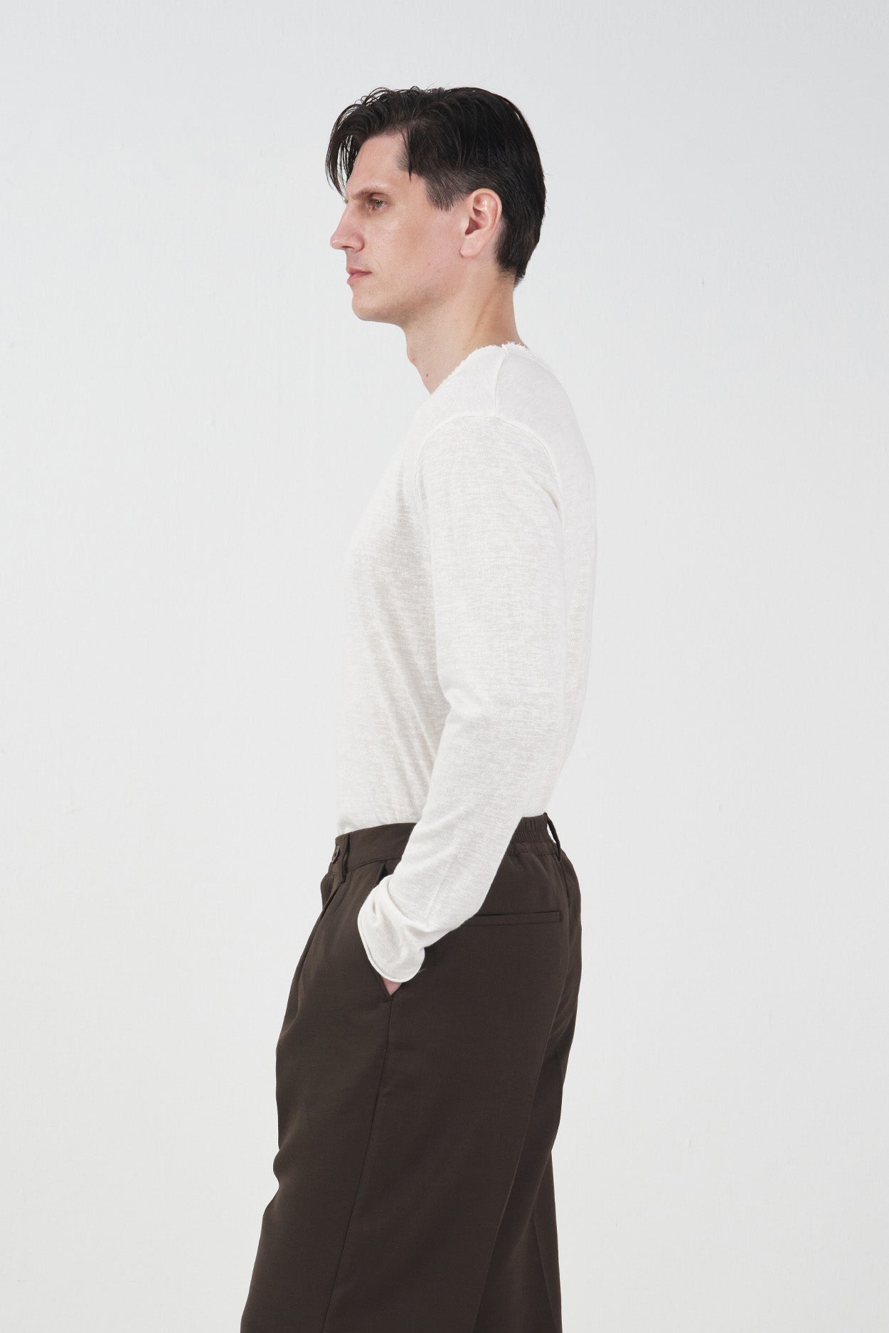 RIBBED LONG SLEEVE BEIGE T-SHIRT