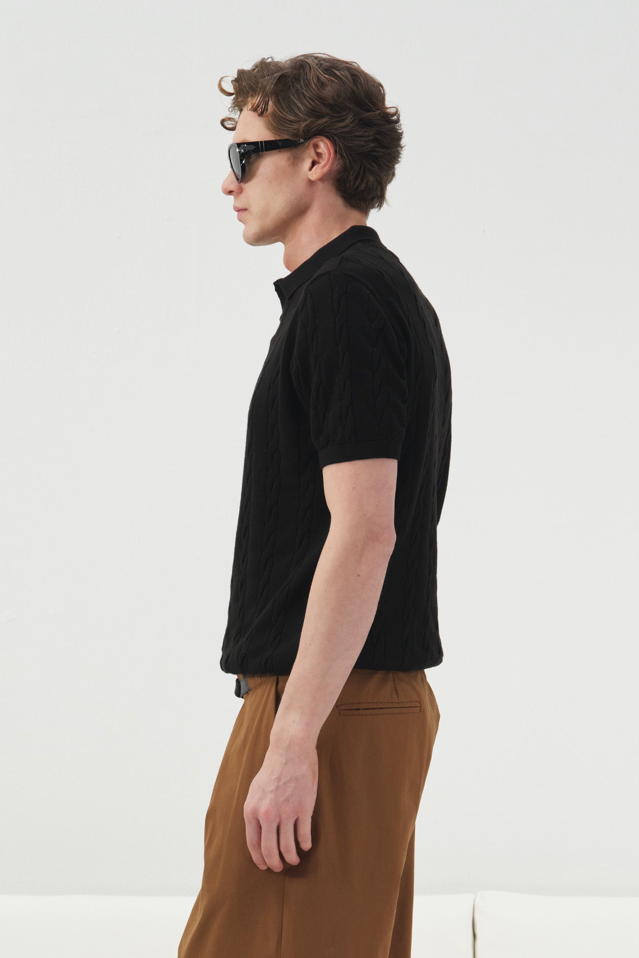 DOKULU ÖRGÜ DESENLİ SİYAH POLO YAKA TRİKO T-SHIRT