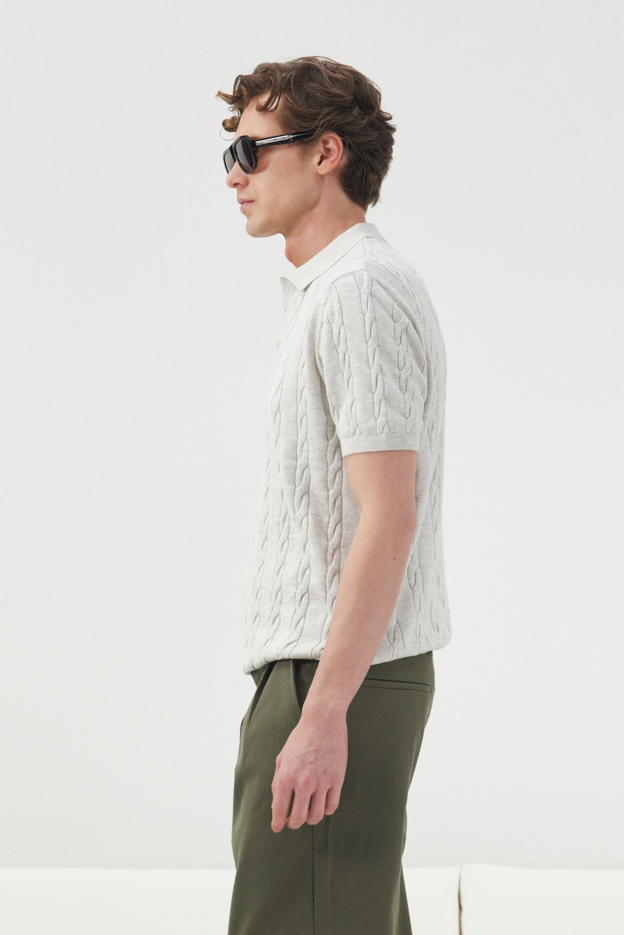 DOKULU ÖRGÜ DESENLİ GRİ POLO YAKA TRİKO T-SHIRT