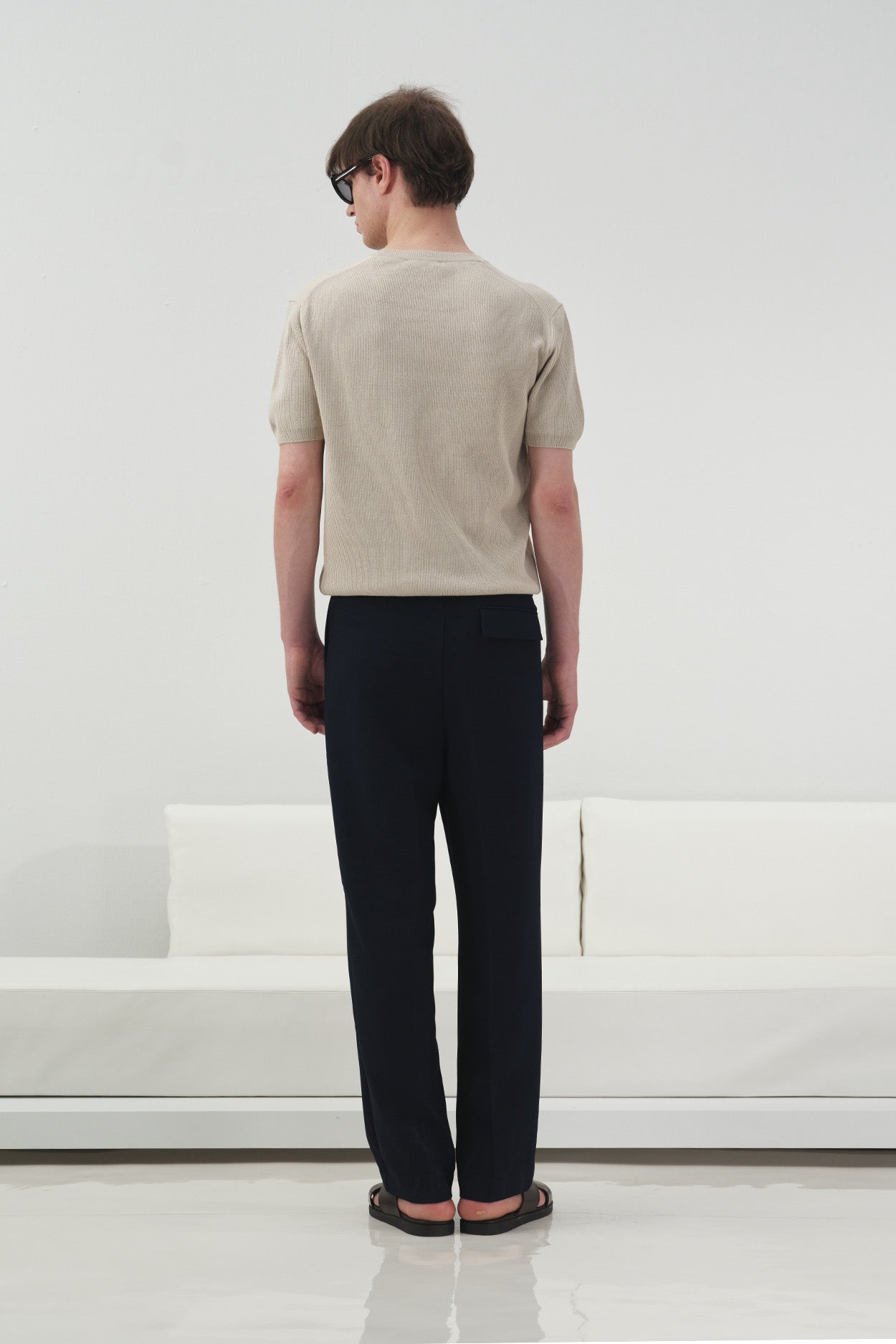 RIBBED TEXTURED BEIGE KNITTED T-SHIRT