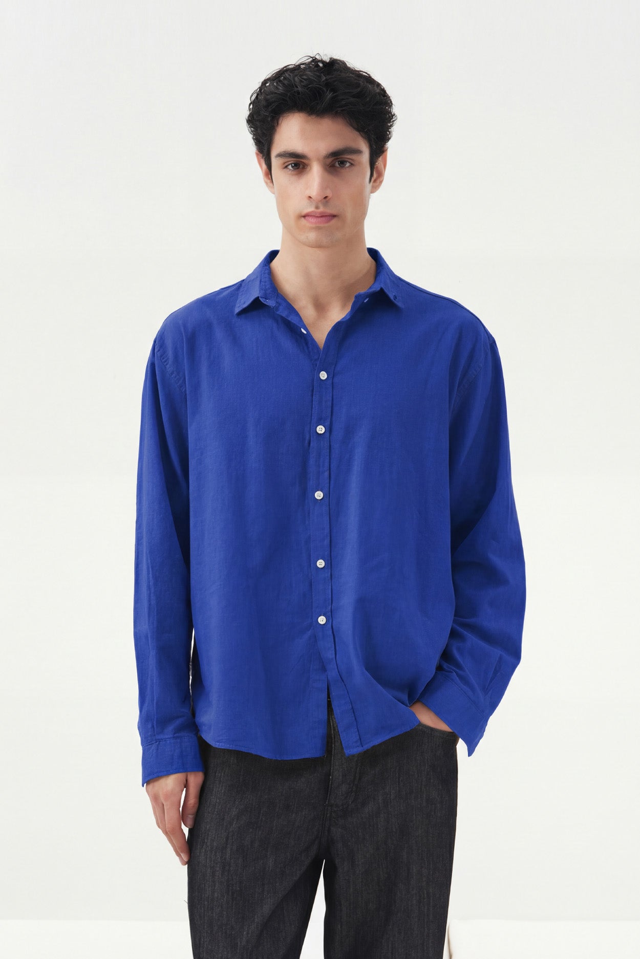 OVERSIZE DÖKÜMLÜ MAVİ FRESH KETEN GÖMLEK