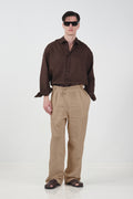 DRAPED DOUBLE-BUTTON TAN LINEN TROUSERS
