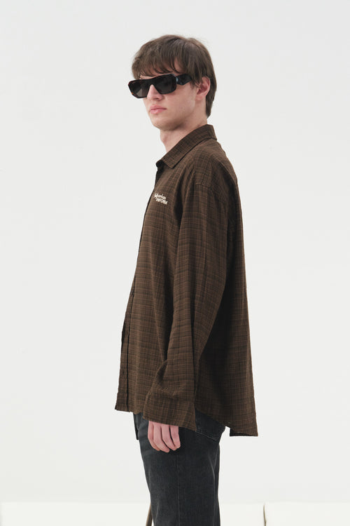 DRAPED RELAXED FIT BROWN PLAID SHIRT - 4